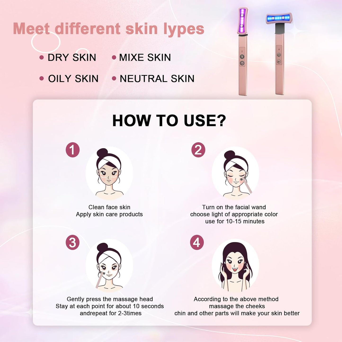 Red- Light -Therapy- For- Face， 6-In-1 LED Eye Light Therapy Device Facial Skin Care Wand with Face Massager.