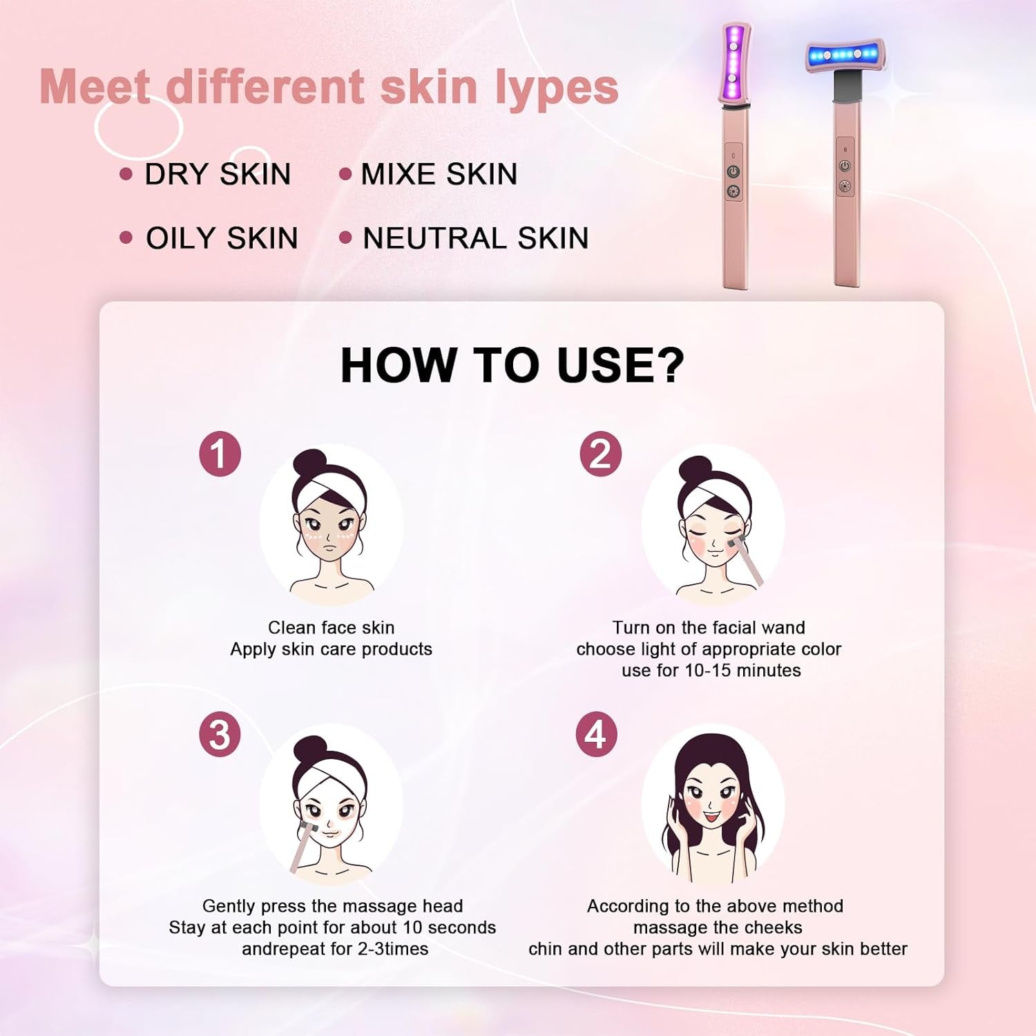 Red- Light -Therapy- For- Face， 6-In-1 LED Eye Light Therapy Device Facial Skin Care Wand with Face Massager.