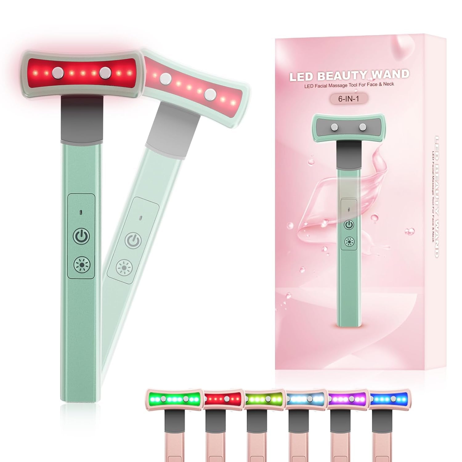Red- Light -Therapy- For- Face， 6-In-1 LED Eye Light Therapy Device Facial Skin Care Wand with Face Massager.