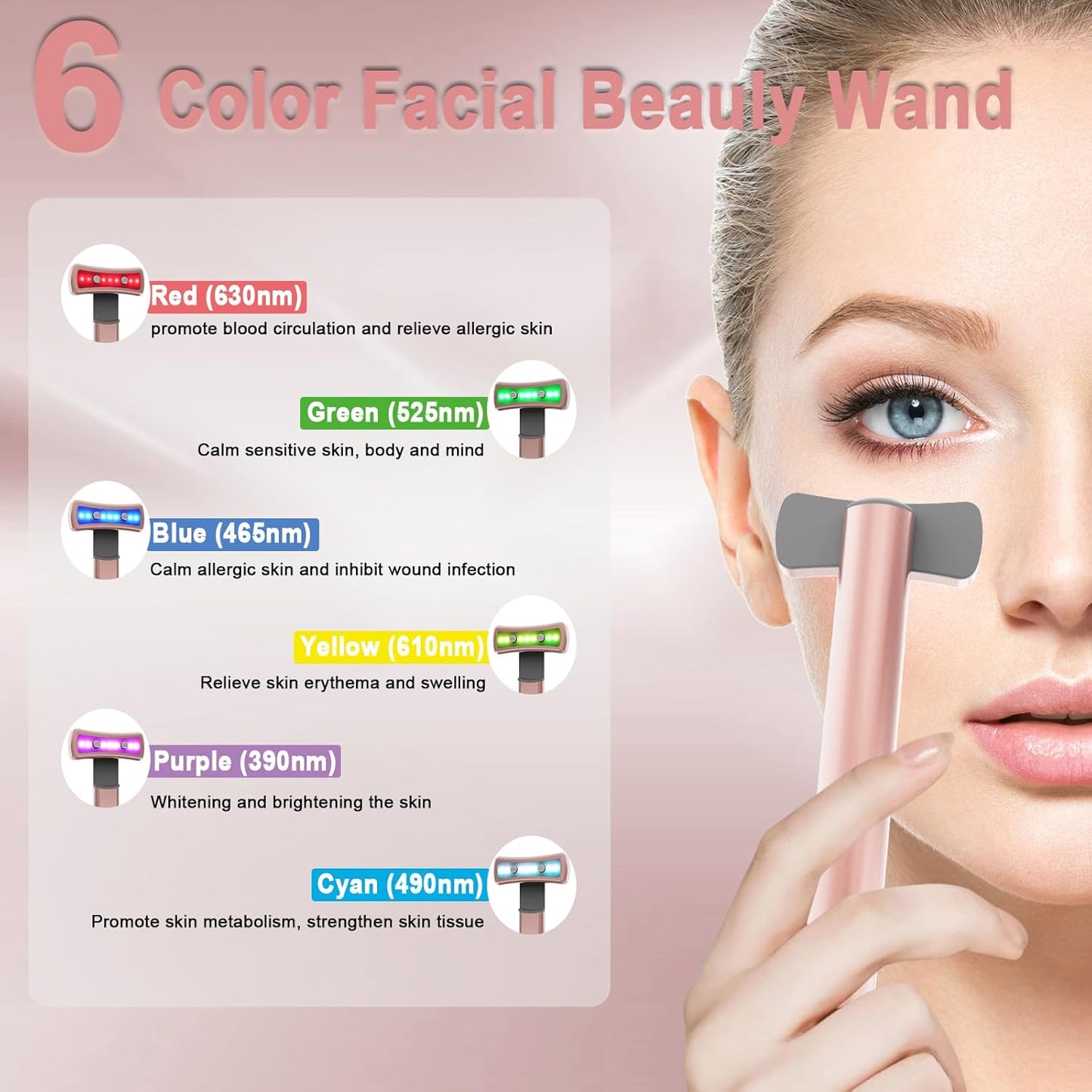 Red- Light -Therapy- For- Face， 6-In-1 LED Eye Light Therapy Device Facial Skin Care Wand with Face Massager.