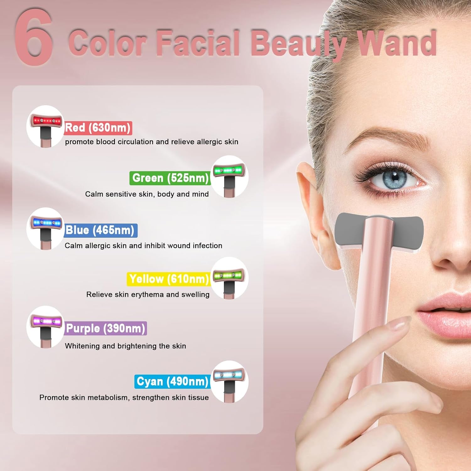 Red- Light -Therapy- For- Face， 6-In-1 LED Eye Light Therapy Device Facial Skin Care Wand with Face Massager.